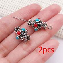2pcs Carved Alloy Beads Dual Color Inlaid Gemstone Round Square Barrel Beads For DIY Handmade Mala Bracelet Necklace Craft Supplies - Multicolor - View 9