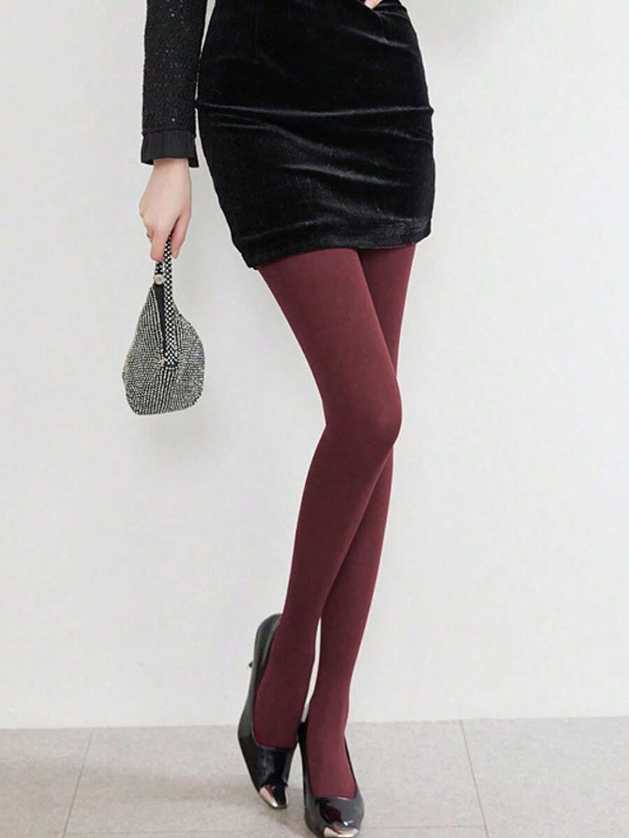 1 Pair Vintage Burgundy Solid Matte High Elasticity Anti-Snag Slimming Versatile Leggings Tights Socks For Women, Suitable For All Seasons, Daily Wear, Holiday Party Styling - Multicolor - View 1
