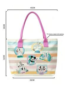 Miniso Disney Mickey & Friends 帆布托特包，馬卡龍色條紋印花，附手柄肩背包，適合日常使用 - 粉色 - 查看 6