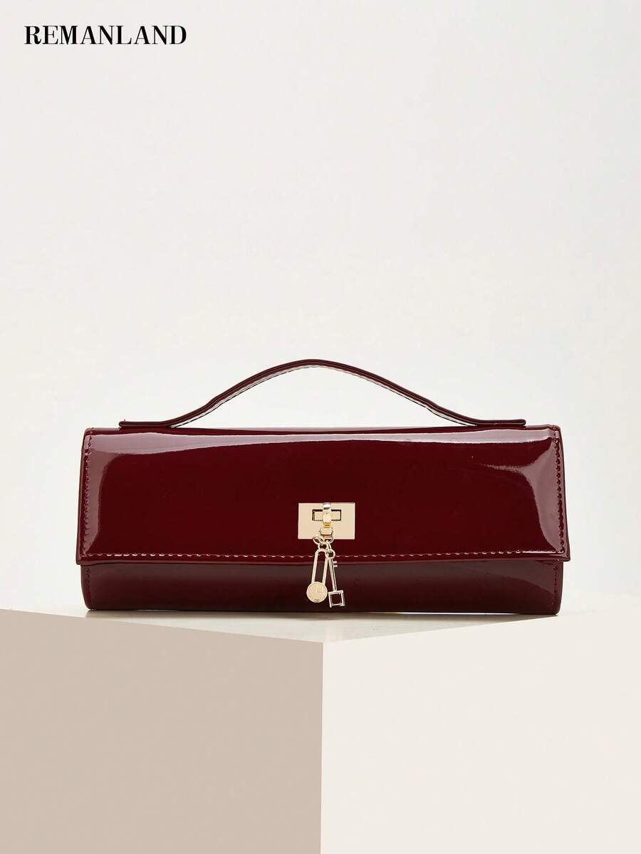 REMANLAND Glossy Burgundy Handbag, Minimalist Square Design, Gold Hardware Accents, Decorative Pendant Chain, Fashionable Choice For Dinner Dates And Parties - Burgundy - View 1