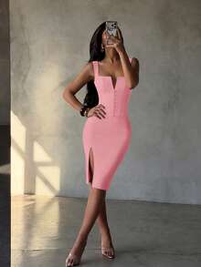Women's Fashion Summer Sexy Elegant Pink Spaghetti Strap Mid-Length Rhinestone Embellished Slit Fitted Bodycon Dress For Wedding Party Autumn - Pink - View 5