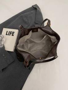 Fashion Solid Color PU Shoulder Tote Bag, Suitable For Women Shopping, Commuting And Daily Use - Coffee - View 6