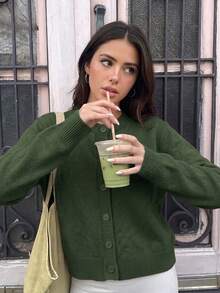 Women's Korean Style Minimalist Preppy Solid Color Round Neck Ribbed Front Button Casual Versatile Long Sleeve Cardigan - Dark Green - View 3