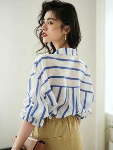 YUXIN Women's French Style Blue Stripe Shirt Oversized Collared Button Up Long Sleeve Fresh Casual Top For Vacation Date Weekend Office Fall Wear - Blue - View 5