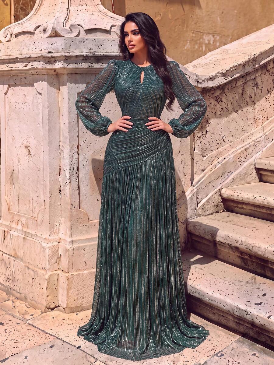 Charming Long Round Neck Evening Gown, Puff Sleeves, Pleated Flowing Skirt, Flattering Silhouette, Suitable For Photography, Beach Vacation And Formal Occasions - Dark Green - View 1
