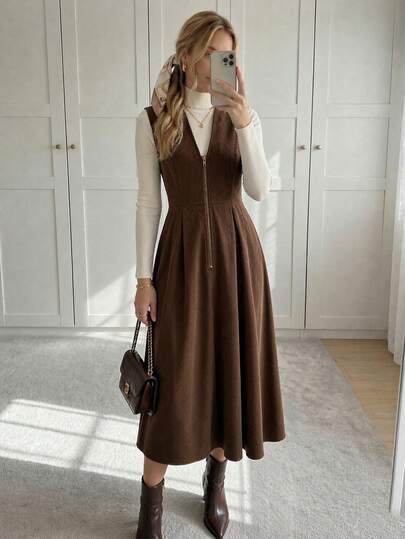 Women's Brown Corduroy V-Neck Sleeveless Cinched Waist Half-Zip A-Line Mid-Length French Elegant Casual Commute Office Outing Fitted Dress, Autumn/Winter