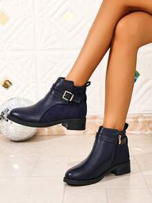 Women's Autumn/Winter Solid Color Dual-Panel Fabric + Metal Buckle Side Zipper Design, Suitable For Daily Commute And Gatherings, Pairs Elegantly With Coats + Skirts, Versatile For Multiple Styles, Comfortable Flat Sole, Suitable For Long-Term Wear, Breathable Fabric Lining, Easy-To-Clean Upper, Fashionable British Autumn Ankle Boots - Navy Blue - View 7