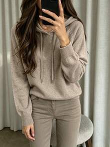 Suéter de punto suave con capucha para mujer, suéter holgado y estilizado con cordón para otoño/invierno, manga raglán de unicolor de manga larga, top casual versátil de punto suave para uso interior/exterior para ir al trabajo y uso diario - Camel - Ver 4