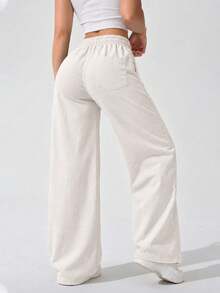 Women High Waist Wide Leg Pants Loose Fit Casual Trousers With Drawstring Waist Solid Color Pants For Everyday Outfit. - White - View 5