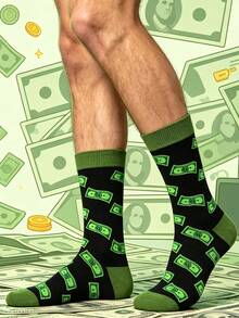 1/3/5 Pairs Men's Dollar Pattern Mid-Calf Socks, Black Base With Green Coin Design, Elastic And Comfortable. Unisex Style Suitable For All Seasons, Perfect For Daily Wear And Gifting. - Multicolor - View 4