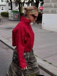 Fashion Plaid Stand Collar Zipper Short Jacket, Casual Loose Long Sleeve Outerwear, Suitable For Autumn - Red - View 7