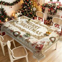 1pc Vintage Christmas Themed Tablecloth, Featuring Santa Claus, Reindeer, Wreath, Red Ribbon, Snowflake And Gold Scrollwork Border, With "Merry Christmas" Text In The Center, Suitable For Dining Table Decor, Kitchen Countertop Decoration, Picnic Camping Mat, Party Scene Creation, Farmhouse Style Accent And Holiday Tabletop Beautification. - Multicolor - View 11