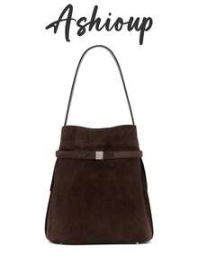 Women's Suede Shoulder Bag, Minimalist Lace-Up Large Capacity Tote, Long Strap Design, Adjustable Shoulder Strap Crossbody Bag, Casual Daily Commute Work Bag - Coffee - View 1