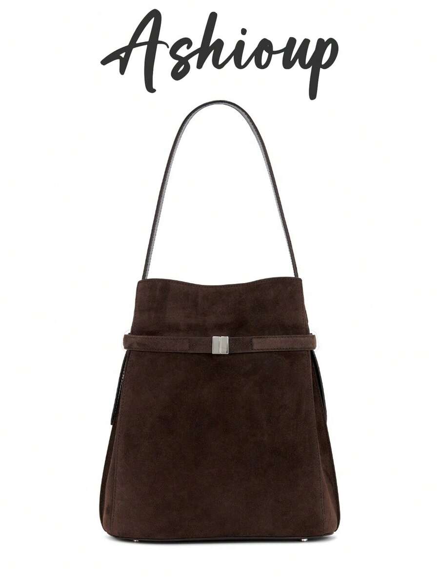 Women's Suede Shoulder Bag, Minimalist Lace-Up Large Capacity Tote, Long Strap Design, Adjustable Shoulder Strap Crossbody Bag, Casual Daily Commute Work Bag - Coffee - View 1