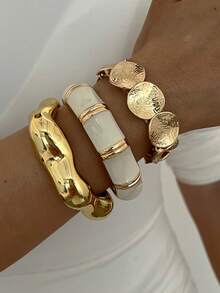 3/1pc Multi-Layer Stackable Fashion Minimalist Elegant Exquisite Vintage Design Geometric Ribbon Wave Disc White Oil Drop Patchwork Metal Style Exaggerated Wide Chunky Bracelet Set, Holiday Vacation Party Date Gift, Daily Commute Wear, Personalized - Yellow Gold - View 4