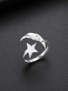 LIKGREAT 1pc Women's Fashion Stainless Steel Sun & Moon Shaped Open Ring, Unique Design, Unisex Gift - Fashion Series - View 2