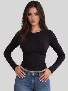 Women's Black Long Sleeve Crew Neck Slim Fit Casual Basic Top, Autumn Outfit - Black - View 5