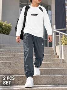 2件組 男童灰色與黑色跑步圖案長袖運動上衣與慢跑長褲，適合訓練、學校與戶外活動 - 白色 - 查看 3