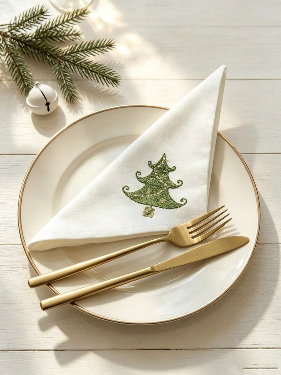 1pc 100% Polyester Christmas Tree Embroidered Fabric Napkin, White Reusable Dinner Napkin For Holiday Christmas Home Dining Party Banquet Table Decor - Multicolor - View 1