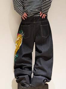 1pc American Street Fashion Tiger Embroidery Men's Loose Wide-Leg Jeans, Comfortable Casual Versatile Denim Pants, All Season - Black - View 7