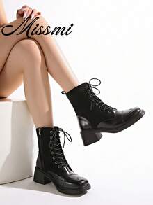 Women's New Autumn/Winter Ankle Boots, Wedge Heel High Heels, Lace-Up British Style Boots - Black - View 1