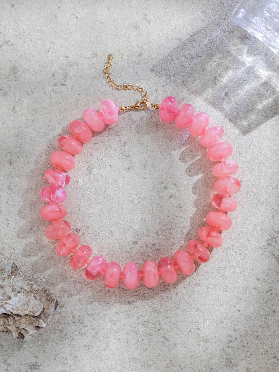 1pc Women's Fashion Minimalist Dopamine Candy Color Exaggerated Beaded Necklace, Versatile For Daily Wear (Random Gradient Color, Random Tail Drop) - Pink - View 1