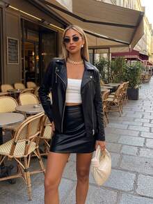 Women's Faux Leather Jacket, Casual Short PU Motorcycle Jacket Black Fall - Black - View 7