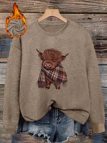 Autumn/Winter Essential: Cute Highland Cow Plaid Knit Scarf, Casual & Warm, With Adorable Animal Pattern, Elevate Your Seasonal Look - Earth Gray - View 2