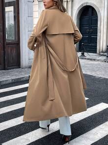 Fashion Women's Long Lapel Double-Breasted Tie-Front Trench Coat, Mid-Length Jacket, Autumn Outfit - Khaki - View 4