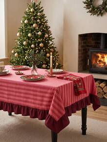 1pc Red And White Thin Striped With Burgundy Ruffle Edge Tablecloth, Christmas Baking Style Fabric Material, Rectangular Burgundy Ruffle Edge Patchwork Detail, Stain-Resistant Protection And Decorative Function For Home Long Table, Suitable For Christmas Baking Decor And Holiday Kitchen Scenes - Red - View 8