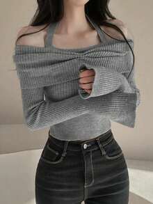 Off-Shoulder Long Sleeve Top Niche Design Slimming Short Cropped Halter Neck Sweater - Medium Gray - View 2