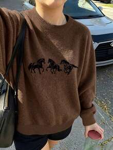 Women's New Round Neck Long Sleeve Sweater, Cute Bear Pattern Print, Fashion Casual Knitwear, Suitable For Daily Commute - Dark Ochre - View 5