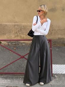 Vertical Striped High-Waist Pleated Wide Leg Suit Pants, Women's Loose Formal Trousers - Grey - View 7