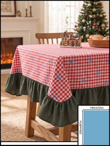 1pc Red & White Classic Small Plaid Blue Bow Print Tablecloth, Traditional Country Style Rectangular Green Leaf Edge Pleated Detail Stain-Resistant Protective Table Cover, Suitable For Christmas Family Gathering And Winter Holiday Dining Room Decor - Red - View 14
