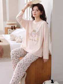 2pcs/Set Women's Spring/Autumn Pajamas Casual Cartoon Sweat-Absorbing Breathable Round Neck Long Sleeve Long Pants Cartoon Spring/Autumn/Winter Loungewear Fall Clothes For Women - Apricot - View 2