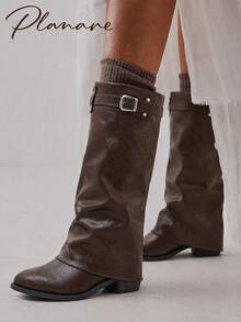 planare New Women's Fashion Ruched Brown Tall Boots With Metal Buckle Vintage Slip-On Pointed Toe Chunky Heel Western Cowboy Boots - Brown - View 3