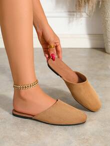 Women's Minimalist Backless Slouchy Design Square Toe Flat Mule Slippers, Suede Material, Camel Color, Casual Commute Style, Suitable For Daily Wear, Outings And Home - Camel - View 2