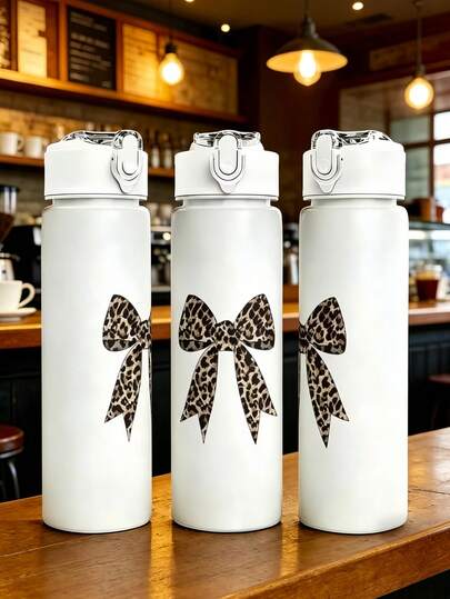 1pc 25.9oz Lightweight Leak-Proof Water Bottle Leopard Print Bow Design Travel Cup Sports Water Bottle Suitable For Gym, Hiking, Camping, Outdoor Activities, Daily Use Fashion Design Reusable Beverage Cup, Suitable For Ice Water, Cold Drinks, Room Temperature Water, Do Not Fill With Hot Water Above 50℃ Water Bottle Girl's Water Bottle Tea Cup Coffee Cup Drinking Cup