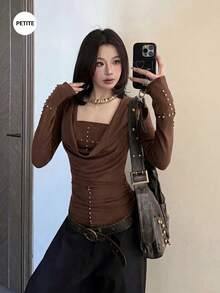 American Style Hot Girl Low Neck Long Sleeve Slim Fit Studded Tube Top 2 Pieces Set - Brown - View 4