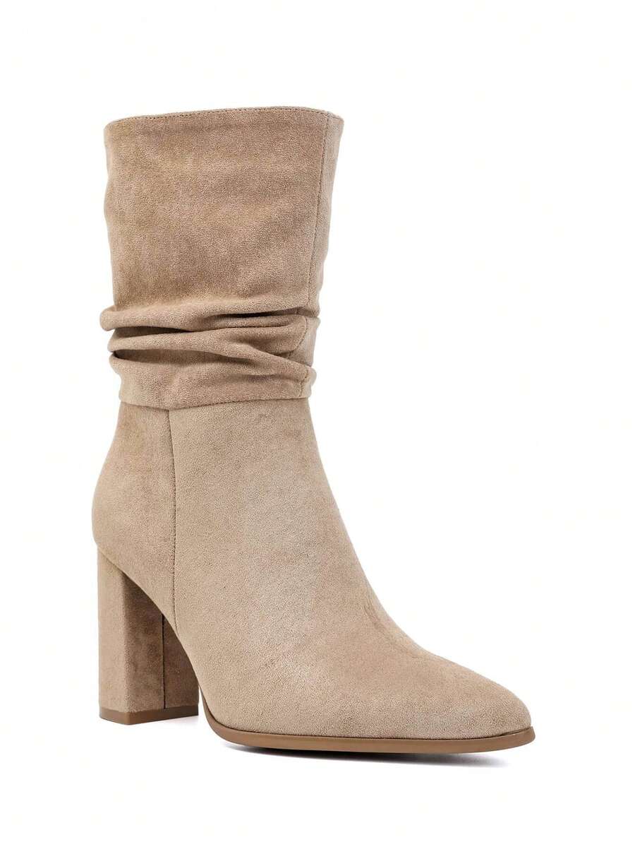 Mid-Calf Pleated Suede Ankle Boots With High Heels – - Khaki - View 1