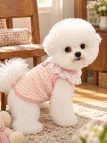 1pc Pet Knit Vest With D-Ring Harness, Lace Collar & 3D Flower Decor, Spring Autumn Clothes For Small Dogs Cats Bichon Teddy Yorkshire - Lilac Purple - View 5