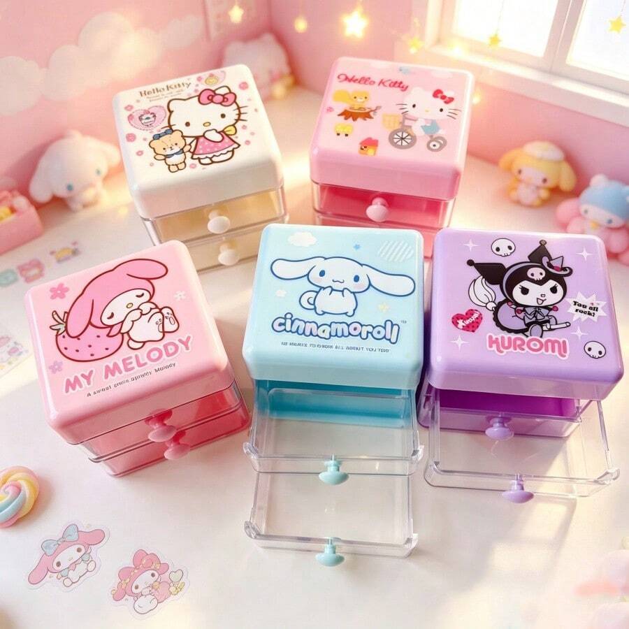 Hasbro عبوة كبيرة SANRIO صندوق تخزين أدراج كرتوني لطيف من طبقتين منظم مكتب محمول للدراسة والمخططات وتخزين العناصر الصغيرة إكسسوار حاوية شخصيات مشهورة للمكتب وطاولة الزينة والترتيب الداخلي والأنشطة - متعدد الألوان - مشاهدة 1