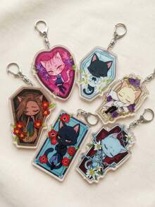 1/6pcs Gothic Coffin Sleeping Cat Acrylic Keychain, Dark Aesthetic Gothic Style, Floral Tombstone Frame & Anime Cat Girl Cat Design, Backpack & Shoulder Bag Charm, Car Key Ring Accessory, Ideal Gift For Cat Lovers & Anime Fans - Multicolor - View 2