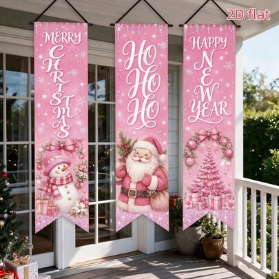 Pink Christmas Theme Door Banner Set, 3pcs, 2D Flat, Merry Christmas Ho Ho Ho Happy New Year Vertical Door Hanging Banner, Pink Glitter Snowflake Snowman Santa Claus Christmas Tree Gift Entrance Door Decor, Polyester Material, Easy To Hang And Reusable, Suitable For Indoor / Outdoor / Garden Porch Decoration, Christmas Party Photo Backdrop, Holiday Door Decor, Christmas Decoration, Home Decor, Christmas Decoration