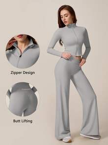 TimeOff Women's One Set Autumn/Winter Solid Color Stand Collar Jacket & High Waist Straight Leg Wide Leg Pants - Grey - View 10