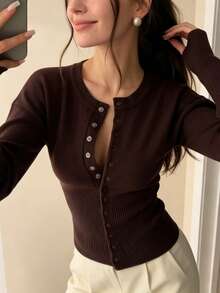 Chic Brown Long Sleeve Ribbed Cardigan For Women With Button Details, Polyester Medium Stretch Regular Length Top, Perfect For Winter Outfits. - Coffee Brown - View 4