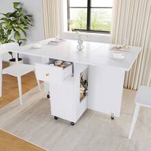 Elegant Dining Table In A Modern Style / Dining Table With Open Storage / Mobile Kitchen Worktop / With 2 Drawers / With Locking Casters / Tabletop Load Capacity Up To 60 Kg / Suitable For Kitchen, Living Room And Dining Room, White - White + MDF - View 3