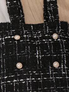 2pcs/Set Baby Girl Princess Style Outfit, Ribbed Flutter Sleeve Heart Bow Bodysuit + Tweed Plaid Overall Skirt, Pearl Button Embellishment, Soft Skin-Friendly Fabric, Vintage Chic, Suitable For Outings, Photoshoots, First Birthday, Sweet Spring/Autumn Set, Cute Versatile Elegant - Black - View 9