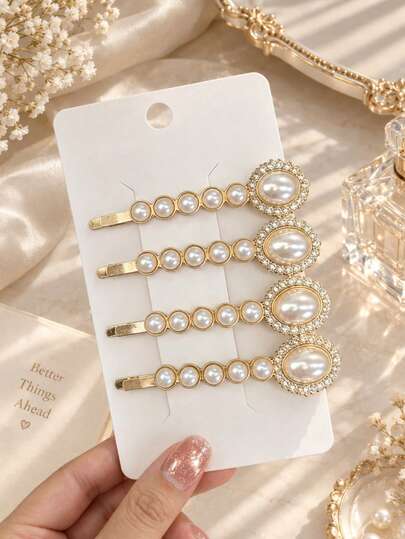 2/6/12pcs Vintage Oval Faux Pearl Rhinestone Straight Hair Clips, Elegant Gold Side Hair Clips, Women's Daily Wedding Bangs Hair Clips Headwear Hair Accessories, Christmas Holiday Decoration Hair Clips, Fresh Texture, Playful Style, Suitable For Halloween Party, Photo Taking, Daily Outfit Embellishment, Perfect For Gifts And Personal Use, Holiday Small Hair Clip Jewelry