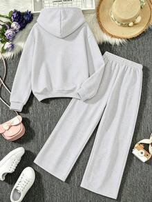 Girls' Fresh Pastoral Style Letter & Floral Print Hoodie Sweatshirt With Personalized Print Loose Wide Leg Pants, 2-Piece Set For Autumn/Winter - Light Grey - View 3